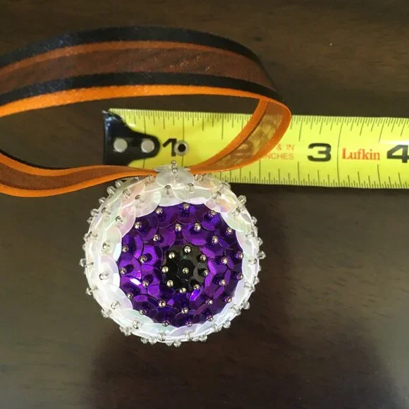 Christmas Eyeball Ornament Glam Sparkle Sequin Beaded Halloween OOAK Purple